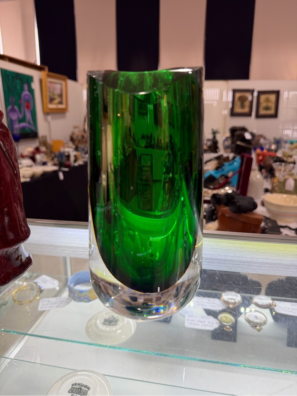 VTG Studio Ahus Sweden Signed Emerald Green Sommerso Faceted Art Glass Vase 7”H